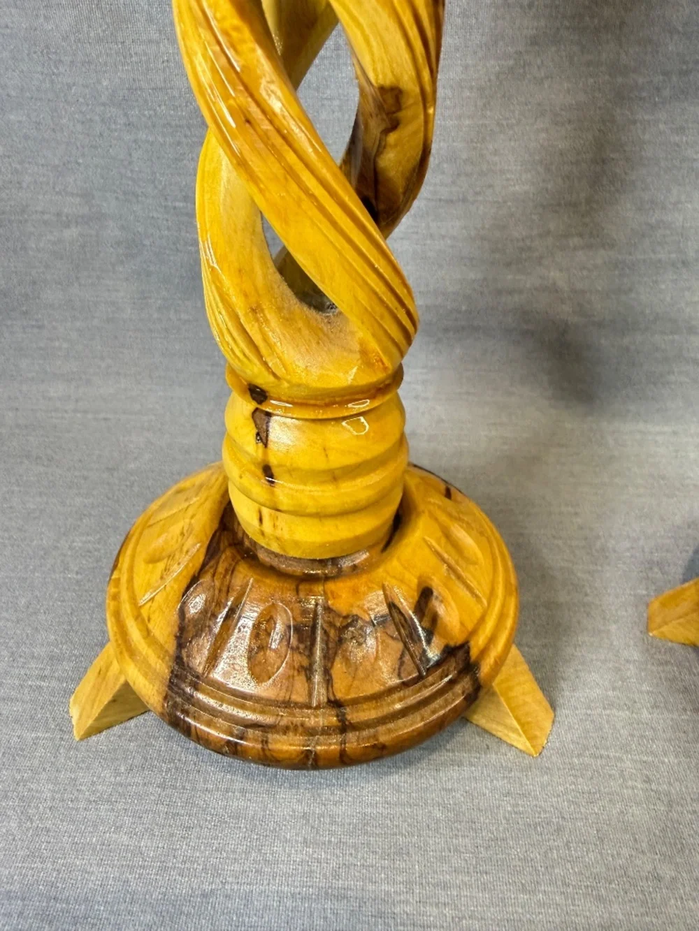 Olive Wood Candlestick Pair Hollow Spiral Barley Twist Hand Carved Bethlehem